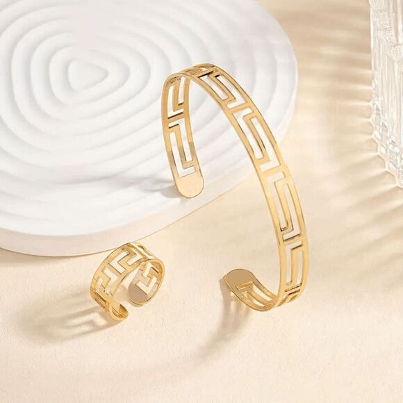 Gold Greek Cut-Out Bracelet and Ring Set - Picture 2 of 5